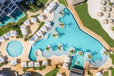an aerial view of the pool at the resort at Dreams Macao Beach Punta Cana - All Inclusive in Punta Cana