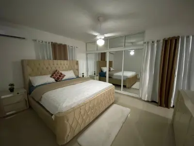 a bedroom with a large bed and a mirror at 6-1 SANTIAGO CITY GREAT COZY APT TO STAY - Cozy 3 bedrooms Apartment for 7 peoples - close to all kind the business wifi - Air Condition in Santiago de los Caballeros