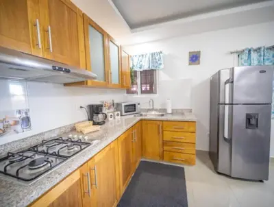 a kitchen with wooden cabinets and a stainless steel refrigerator at Charming 1b Apto Walk To The Beaches Main Street in Sosúa