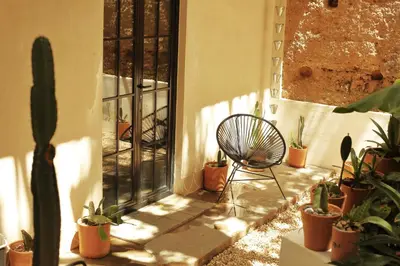 a patio with a chair and a bunch of plants at FIXIE LOFTS - Colonial Villa Suites with Pool in Santo Domingo
