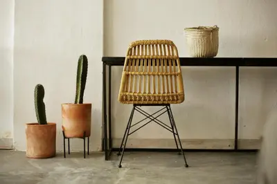 a wicker chair sitting next to a table with cactus at FIXIE LOFTS - Colonial Villa Suites with Pool in Santo Domingo
