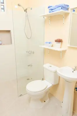 a bathroom with a toilet and a shower at Apartahotel MACADANA in Nagua