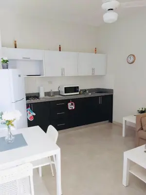 a kitchen with white cabinets and a white table at Apartahotel MACADANA in Nagua