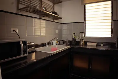 a kitchen with a sink and a microwave at Residenciales H1 & H2 - Breakfast & Room Service - Airport close in Santiago de los Caballeros