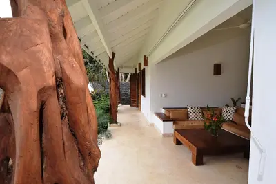 a living room with a large wooden tree trunk at Las Terrenas Front Beach And Garden Villa with private staff in Las Terrenas