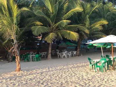a beach with tables and chairs and palm trees at La Gaviota B1 in Juan Dolio