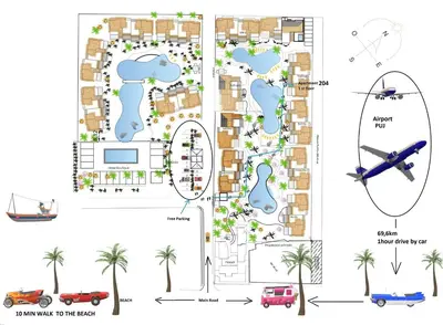 a plan of a building with palm trees and an airplane at Atmospheric apartment with a beautiful view of the swimming pool in Bayahibe
