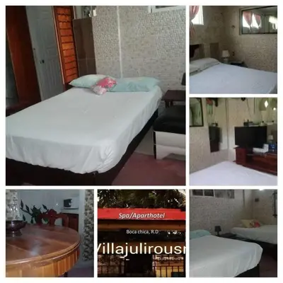 a collage of four pictures of a hotel room at Villa Julirous Rd, spa and aparthotel camp for vacationers in Boca Chica