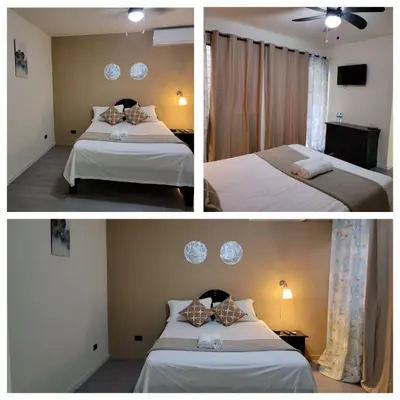 two pictures of a bedroom with two beds and a television at Hotel Sea Breeze Sosua in Sosúa