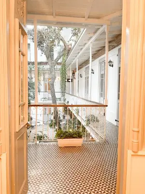 an open door to a porch with a tree at Mosquito Boutique Hotel Zona Colonial in Santo Domingo