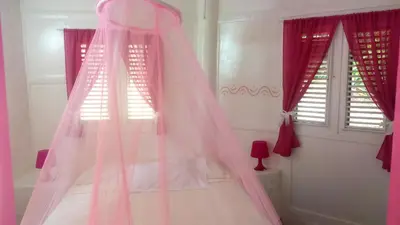 a bed with a pink canopy in a room with windows at Las Puertas del Paraíso in Río San Juan