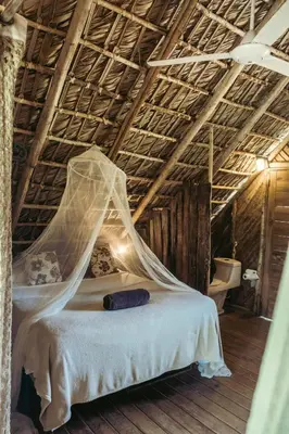 a bedroom with a bed with a mosquito net at Bungalows India, El Valle, Samana in Santa Bárbara de Samaná