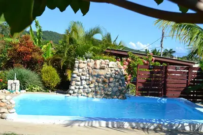 a swimming pool with a rock wall in a yard at ECOVILLA CORAL GARDEN in Baoruco