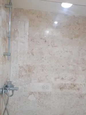 a stone wall in a bathroom with a shower at Apartment Monocal in Boca Chica in Boca Chica