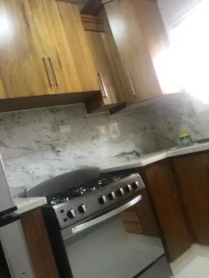 a kitchen with a stove and wooden cabinets at Verdana SFM A2 in San Francisco de Macorís