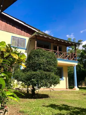 a house with a tree in front of it at Acogedora Casa Rural en plena naturaleza frente al Río con piscina Bonao in Bonao