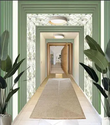 a hallway with green and white striped walls at Los Lagos 19 - Sleeps 10 - Butler - Pool Hot Tub in La Romana