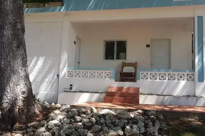 a bench in front of a house with a tree at Bungalow #12 at Waterfront Playa Alicia in Sosúa