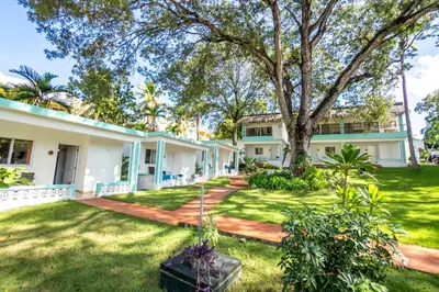 a house with a large tree in the yard at Bungalow #6 at Waterfront Playa Alicia in Sosúa