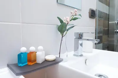 a bathroom with a shelf on a sink with a flower at S1401 La mejor vista Downtown Santo Domingo RD in Santo Domingo