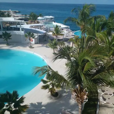 a view of the pool at a resort with palm trees at Sol Dominicus 1 Apartamento con Cocina Solo Adultos in La Laguna