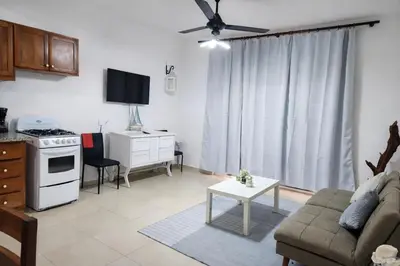 a living room with a couch a table and a kitchen at Sol Dominicus 1 Apartamento con Cocina Solo Adultos in La Laguna