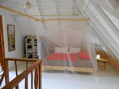 a bedroom with a bed with a mosquito net at Palm-covered house in the tropical -Casa Oli in Las Galeras