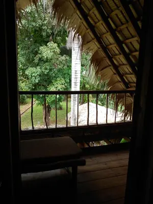 a window view of a porch with a palm tree at Casa 3 amigos-Palm roofed house in Las Galeras