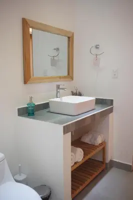 a bathroom with a sink and a mirror at Altos de la Caobita in Barreras