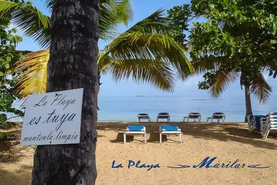 a sign on a tree on a beach with chairs at Hotel Residence Marilar in Las Terrenas
