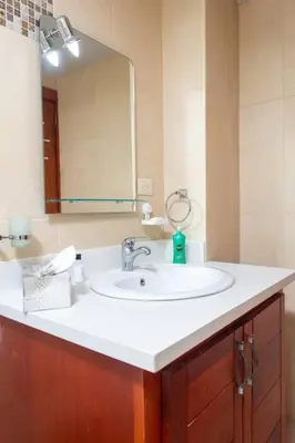 a bathroom with a sink and a mirror at Maravilloso Apto en Santo Domingo in Santo Domingo