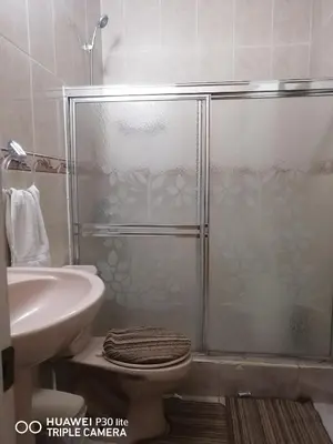 a bathroom with a shower with a toilet and a sink at Las colinas de Samaná in Santa Bárbara de Samaná