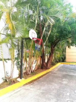 a basketball hoop in front of some palm trees at Acogedor-Hermoso apart completo equipado de 2 hab. in Santiago de los Caballeros
