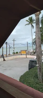 a view of a beach with a palm tree and a sign at guest house MY WAY in Las Terrenas