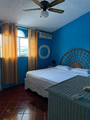 a blue bedroom with a bed and a ceiling fan at PLAYA BLANCA BED AND BREAKFAST in Bayahibe