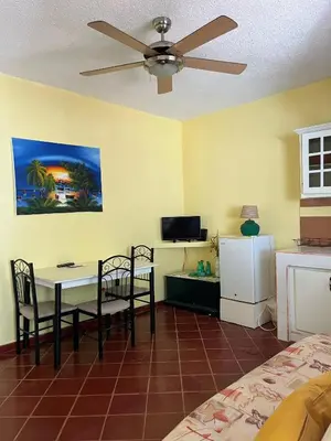 a room with a table and chairs and a refrigerator at PLAYA BLANCA BED AND BREAKFAST in Bayahibe