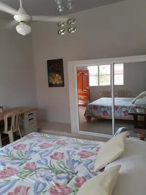 a bedroom with a bed and a mirror at CASITA HOGAREÑA JARABACOA (independent entrance) in Jarabacoa