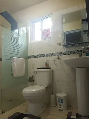 a bathroom with a toilet and a sink and a window at Casa taina in Jarabacoa