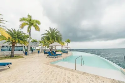 a swimming pool next to the ocean with palm trees at Villa with 3 bedrooms private pool and ocean view in Santa Bárbara de Samaná