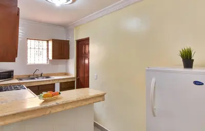 a kitchen with a white refrigerator and a counter top at Spacious 2Br 1Bath Apartment Terrace & Street View in La Viva