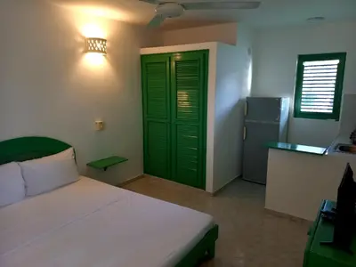 a bedroom with a bed and a green door at Residence Nord Est in Las Terrenas