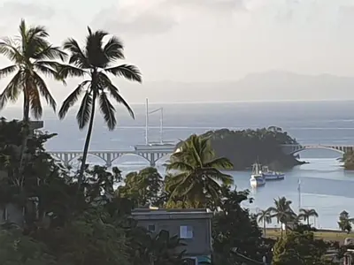 a view of a bridge over a body of water with palm trees at Samana house in Santa Bárbara de Samaná