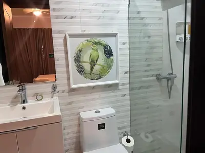 a bathroom with a toilet and a picture of a parrot at SOHA SUITES II in Santiago de los Caballeros