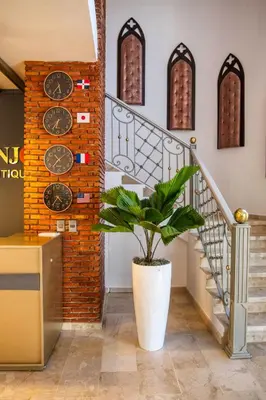 a staircase with clocks and a potted plant at Naranjo Hotel Boutique in Higuey