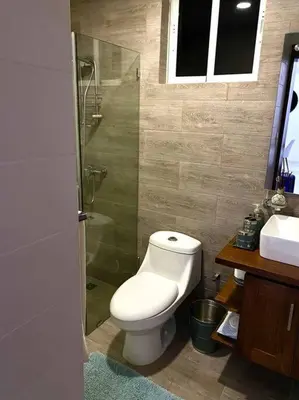 a bathroom with a toilet and a shower and a sink at Spectacular PentHouse with private jacuzzi terrace in Santiago de los Caballeros