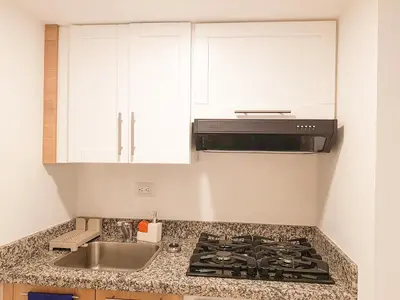 a kitchen with a stove and a sink at Xeliter Green One Playa Dorada in San Felipe de Puerto Plata