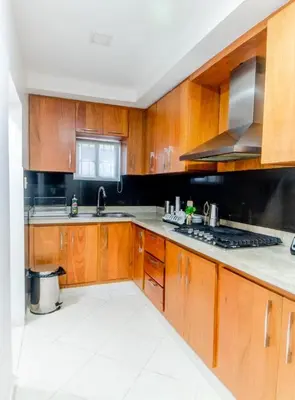 a kitchen with wooden cabinets and a stove top oven at Modern apartment in Santiago de Los caballeros in Santiago de los Caballeros