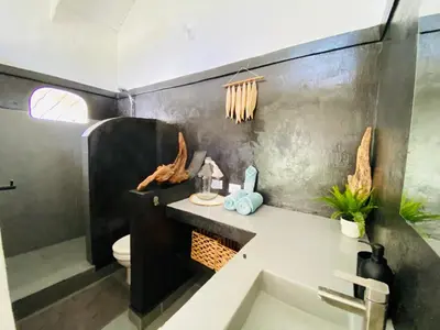 a bathroom with a sink and a toilet at Villa Tortuga, Guest house Private bungalow, private pool in Las Terrenas