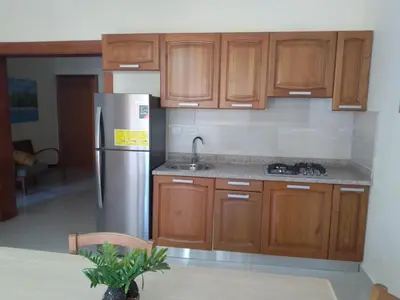 a kitchen with wooden cabinets and a stainless steel refrigerator at CoralK Apartments Sosúa in Sosúa