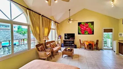 a living room with a couch and a table at Ocean Dream 1st See Line Studio in Cabarete